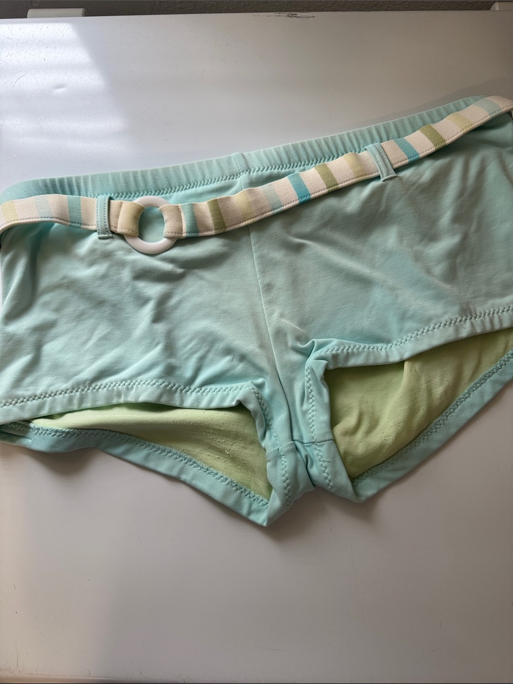 VINTAGE Esprit Mint Green Boyshort Bikini Bottom with Striped Belt
